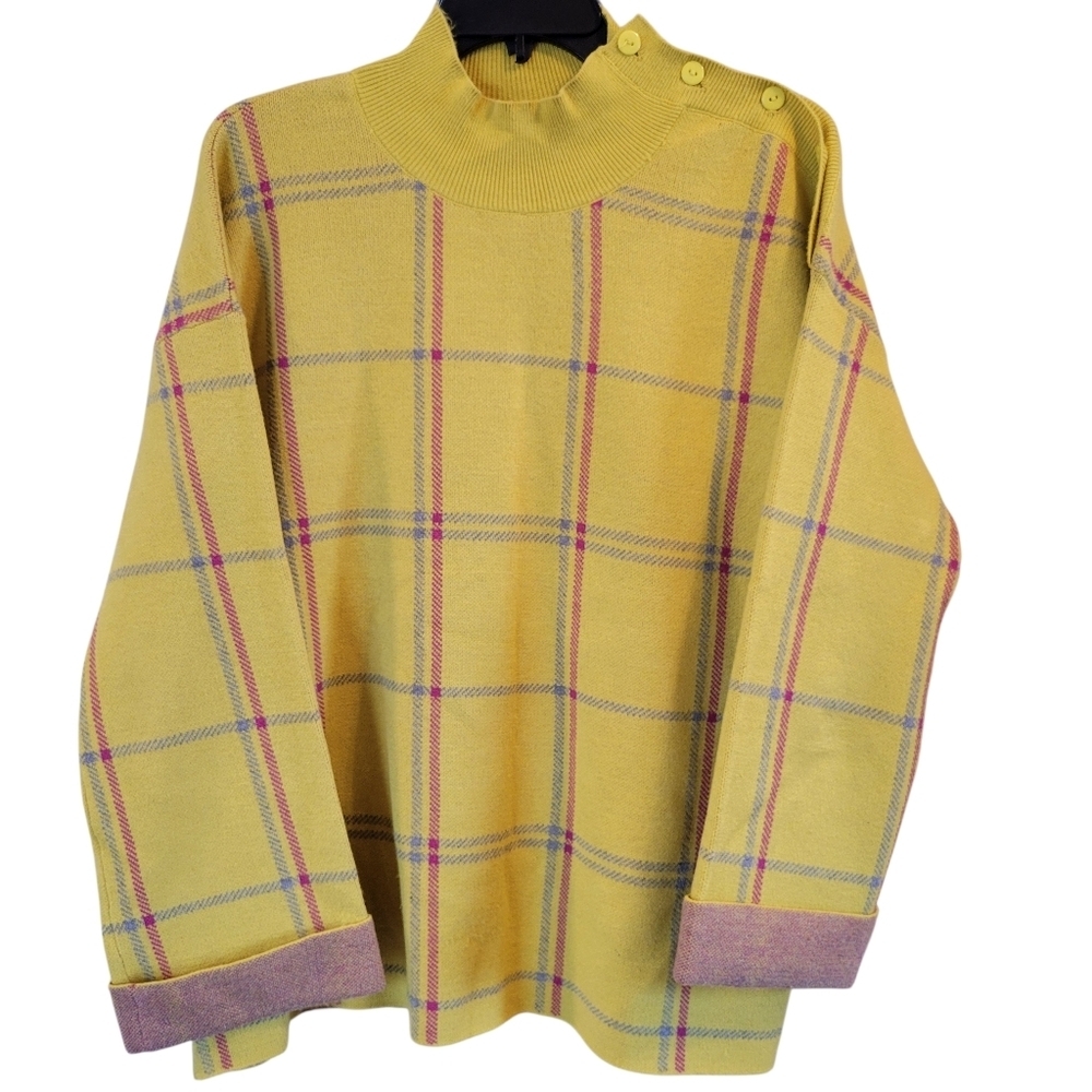 Rain + Rose Yellow Plaid Button Neckline Long Sleeve Sweater